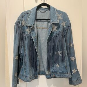 Jean jacket with glitter stars and fringe
